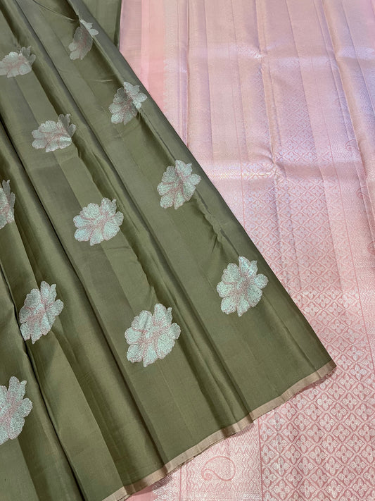 Borderless Silver Zari Flower Buttas on Taupe Brown Body Kanchipuram Silk Saree