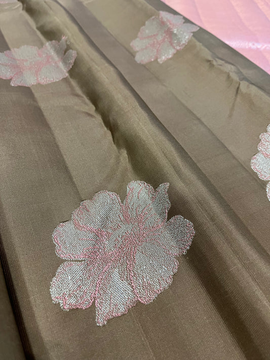 Borderless Silver Zari Flower Buttas on Taupe Brown Body Kanchipuram Silk Saree