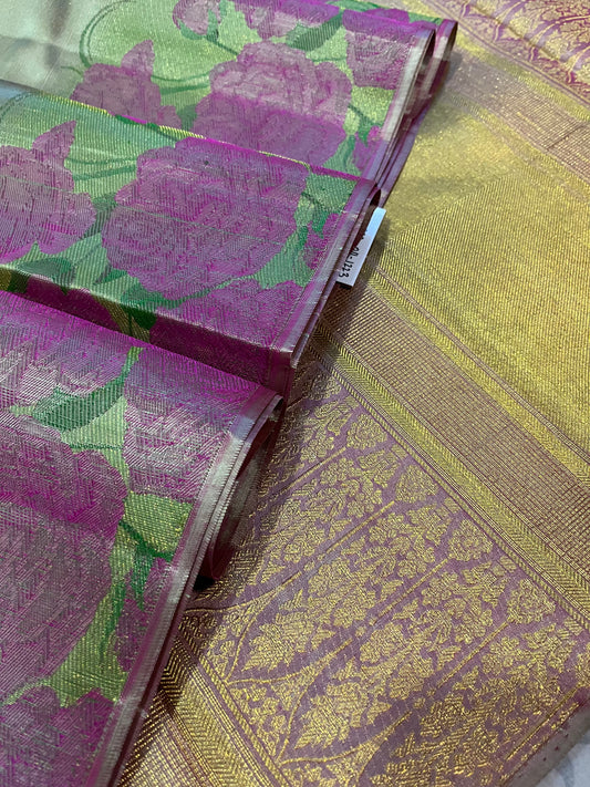 Pink Roses Both Sides on Green Tissue Backdrop Kanjivaram Silk Saree