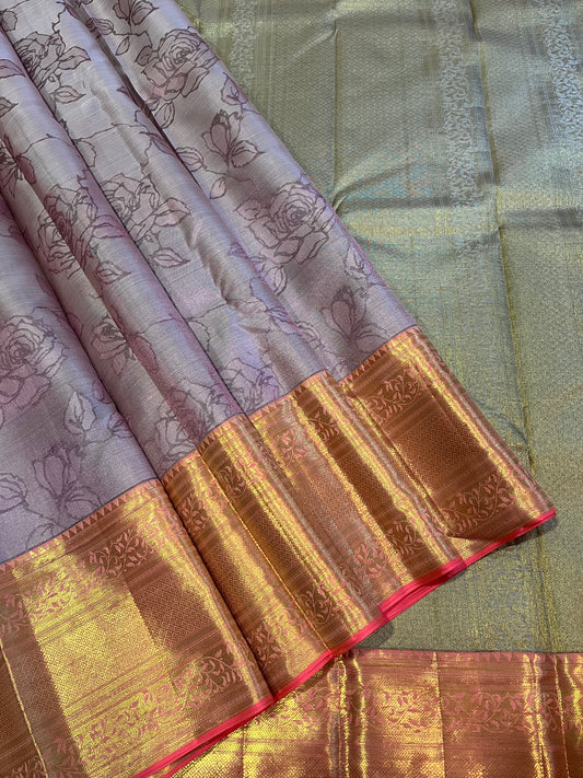 Gold zari Long and Short Coral Pink Border Kanchipuram Jacquard Silk Saree