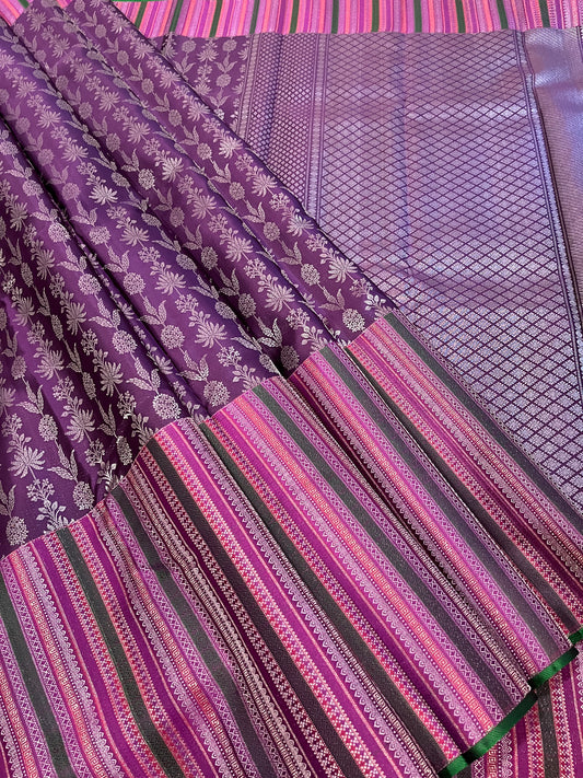 Vertical Lines in Zari Long Royal Purple and Short Border Kanchipuram Silk Saree- Banarasi style inspired