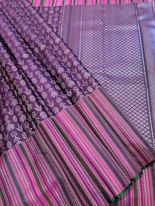 Vertical Lines in Zari Long Royal Purple and Short Border Kanchipuram Silk Saree- Banarasi style inspired