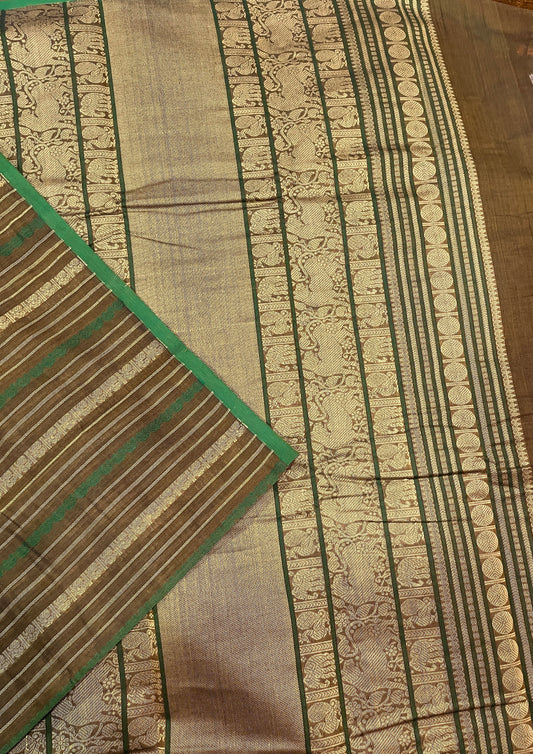 Borderless Taupe brown with beige and green vertical lines with myil and paisley detailing Kanjivaram cotton saree