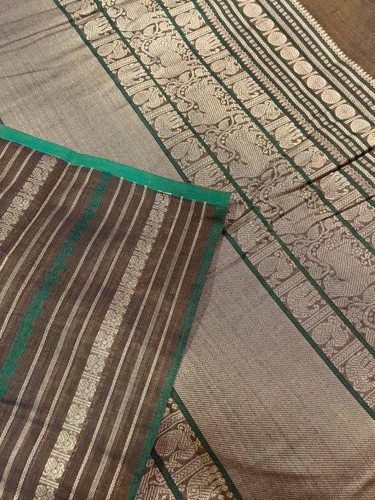 Borderless Taupe brown with beige and green vertical lines with myil and paisley detailing Kanjivaram cotton saree