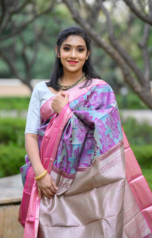 Rich Silver Zari Long and Short Pink Border Kanchipuram Jacquard Silk Saree