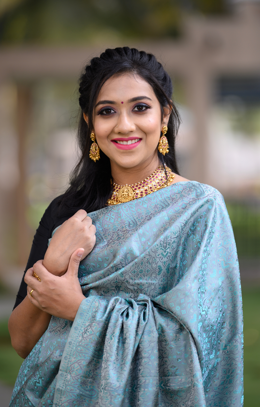 Light Sea Green Jacqaurd Body with Threadweave All Over Kanchipuram Silk Saree