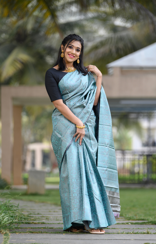 Light Sea Green Jacqaurd Body with Threadweave All Over Kanchipuram Silk Saree