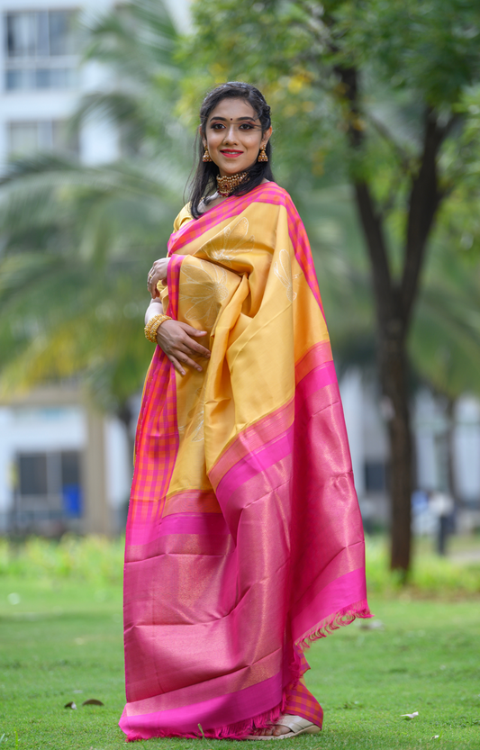 Pink and Orange Cheque Border Yellow Kanchipuram Silk Saree