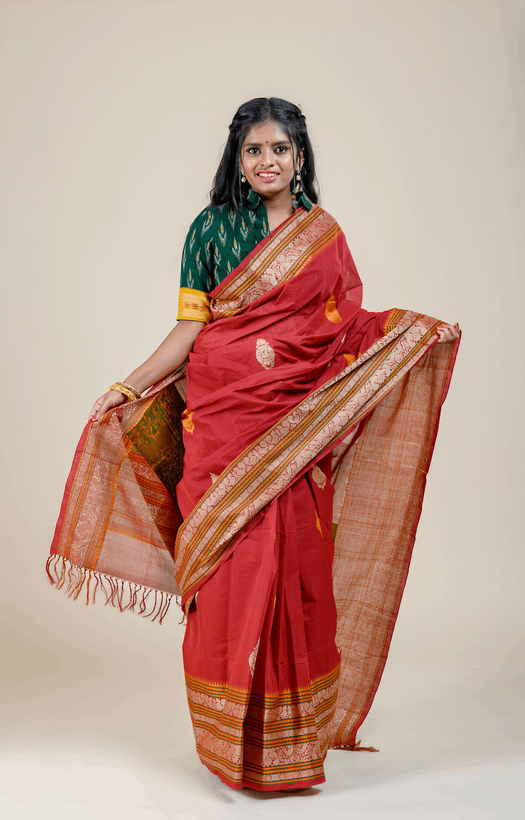 Annapakshi and Rudraksh Thread Weave Border Maroon Kanchipuram Rich Cotton Saree