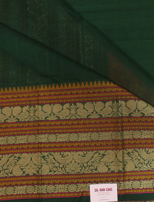Annapakshi and Rudraksh Thread Weave Border Bottle Green Kanchipuram Rich Cotton Saree
