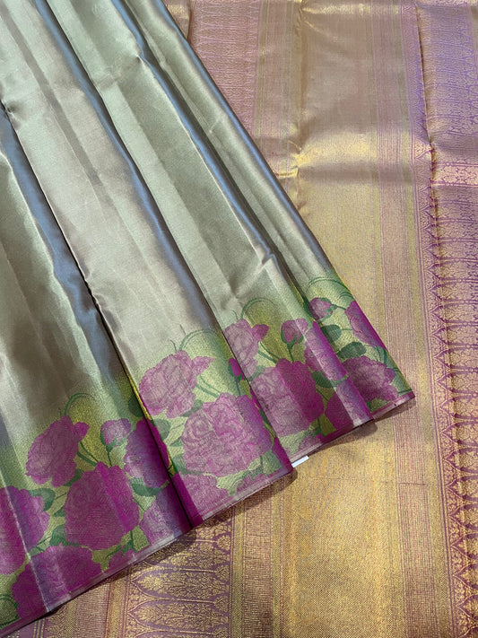 Pink Roses Both Sides on Green Tissue Backdrop Kanjivaram Silk Saree