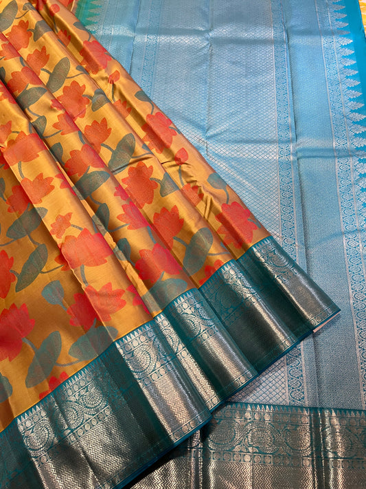Copper sulphate blue short and long border with kodi visiri design in silver zari Kanchipuram Silk Saree