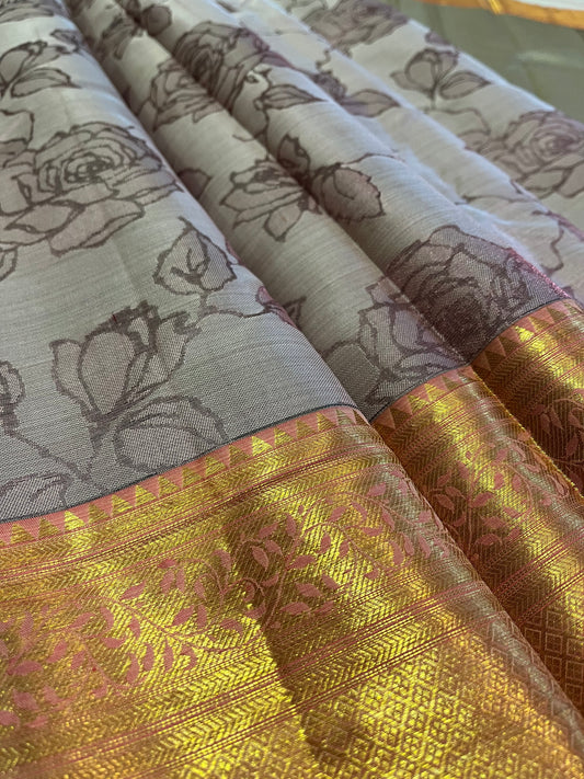 Gold zari Long and Short Coral Pink Border Kanchipuram Jacquard Silk Saree