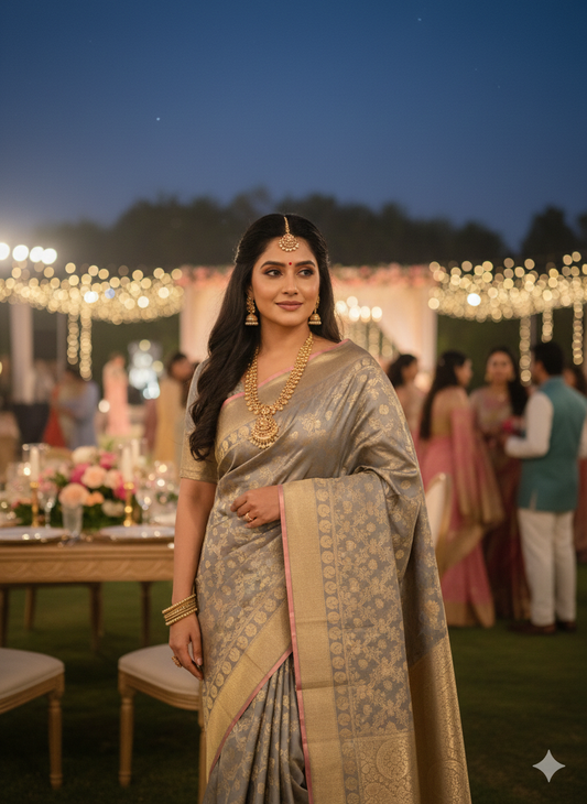 Bavanji border rich and detailed gold zari bavanji pallu on a silver grey Kanchipuram Silk Saree