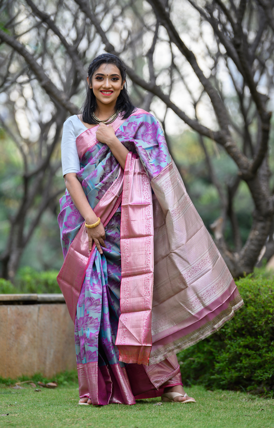 Rich Silver Zari Long and Short Pink Border Kanchipuram Jacquard Silk Saree
