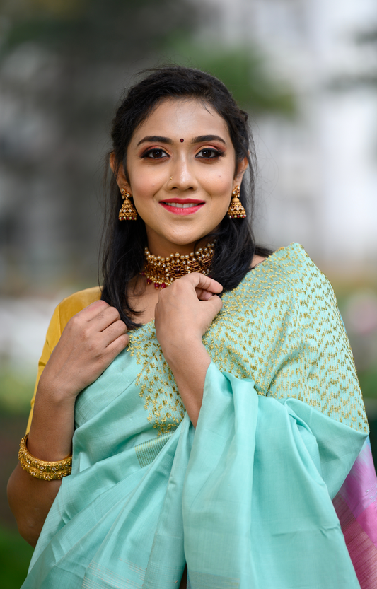 Textured Tazhampoo Border Sea Green Kanchipuram Silk Saree