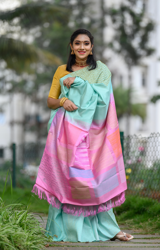 Textured Tazhampoo Border Sea Green Kanchipuram Silk Saree