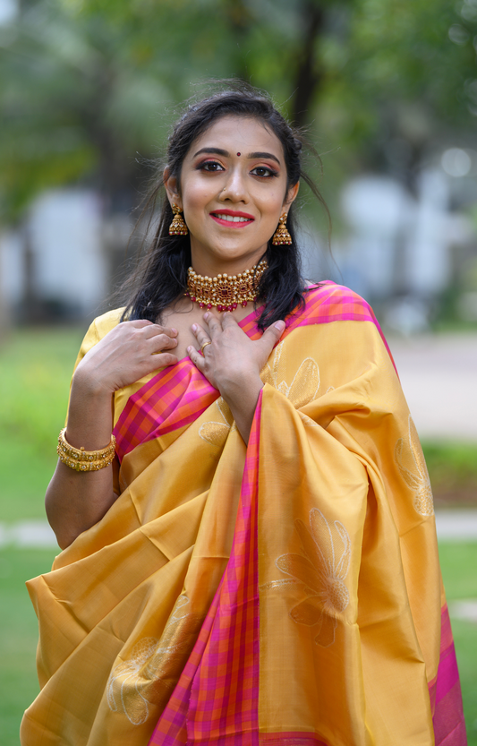 Pink and Orange Cheque Border Yellow Kanchipuram Silk Saree